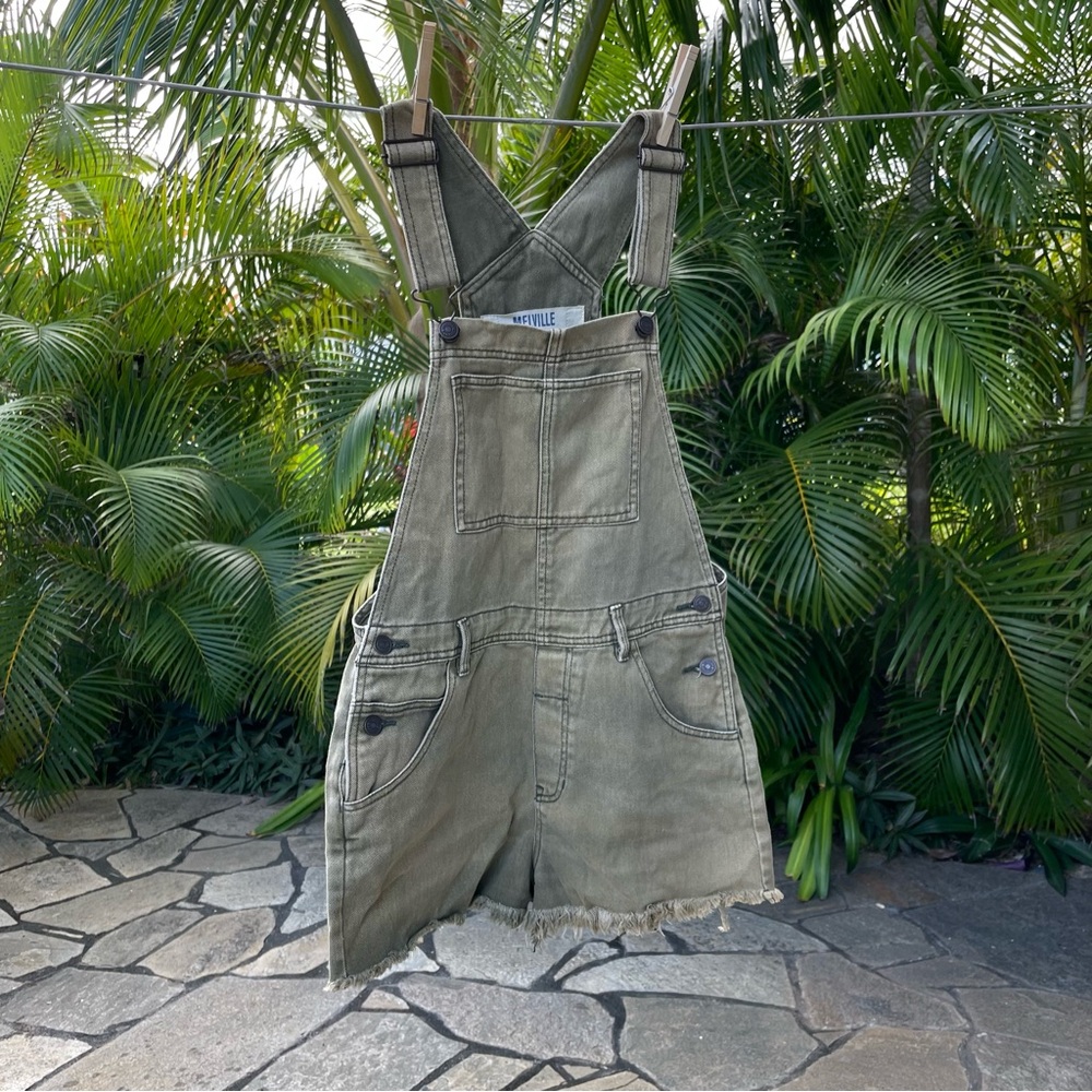 Brandy Melville Washed Olive Green Denim Short Overalls